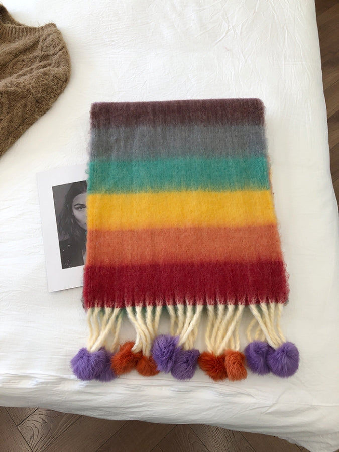 Rainbow colorful pompon scarf X2536