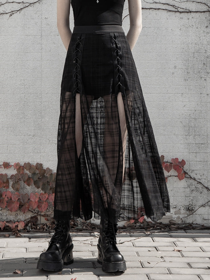 Deep Slit Lace-Up Mesh Skirt X2376