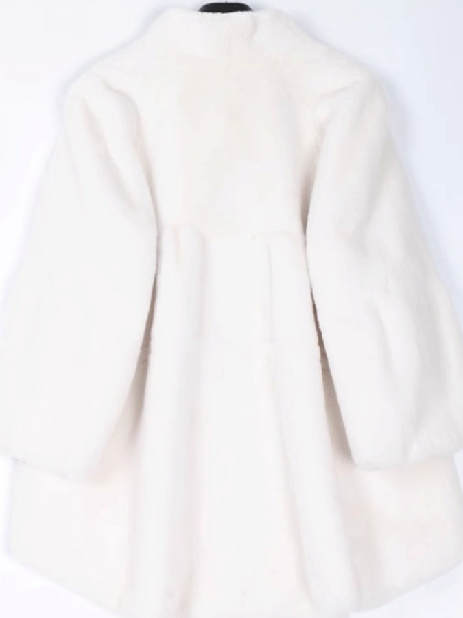 Faux Fur Stand Collar Bell Sleeve Medium Coat X2525