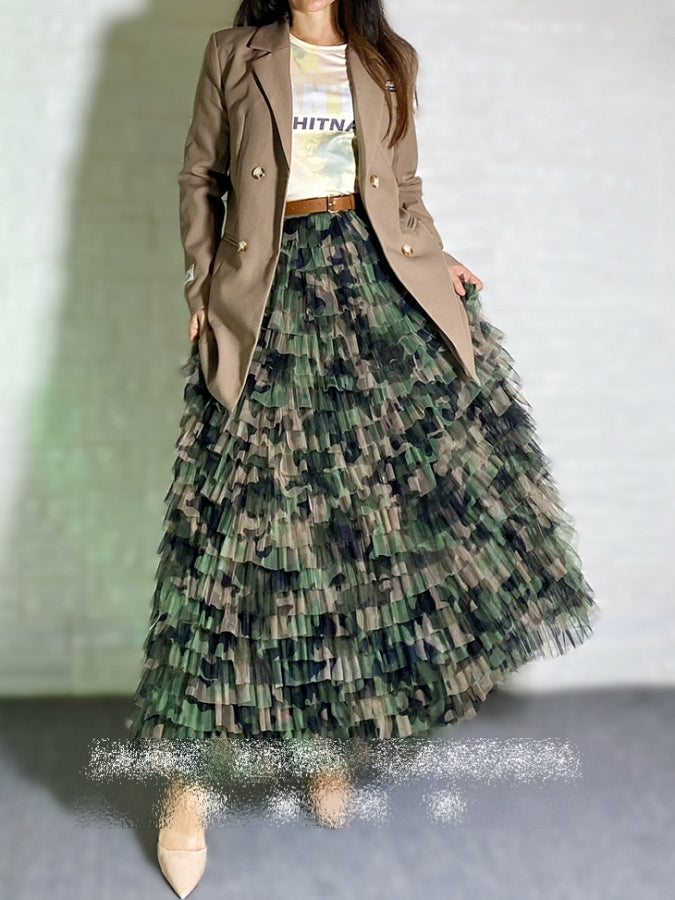 Camouflage Mesh Flared Long Skirt X2394