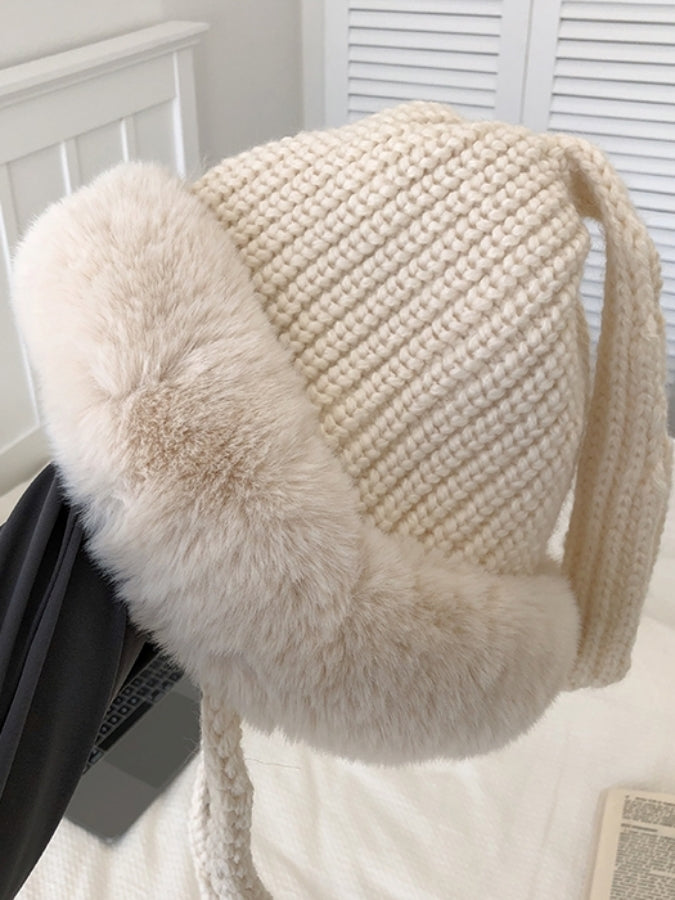 Rabbit ear motif fur knit cap X2537