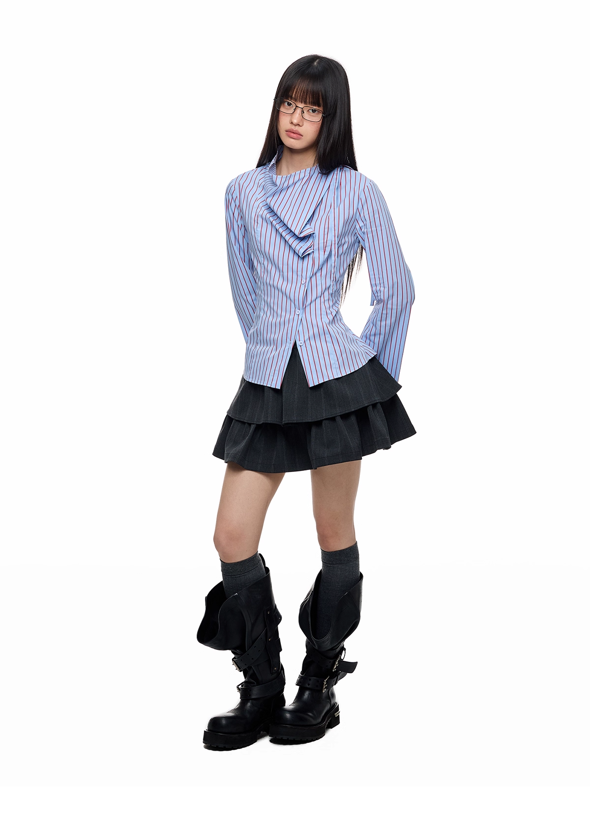 Blue Striped Long Sleeve Overlap Collar Shirt X3333