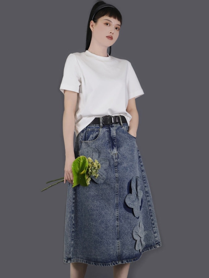 3D Flower Decorated Denim Skirt X2758
