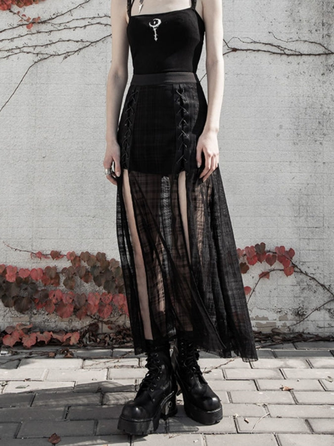 Deep Slit Lace-Up Mesh Skirt X2376