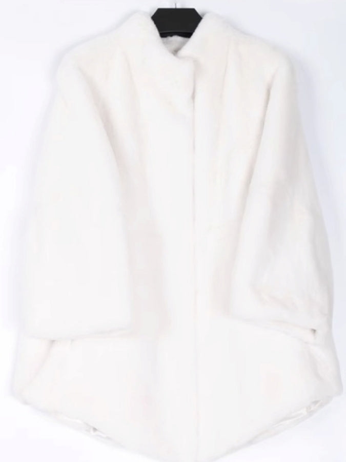 Faux Fur Stand Collar Bell Sleeve Medium Coat X2525