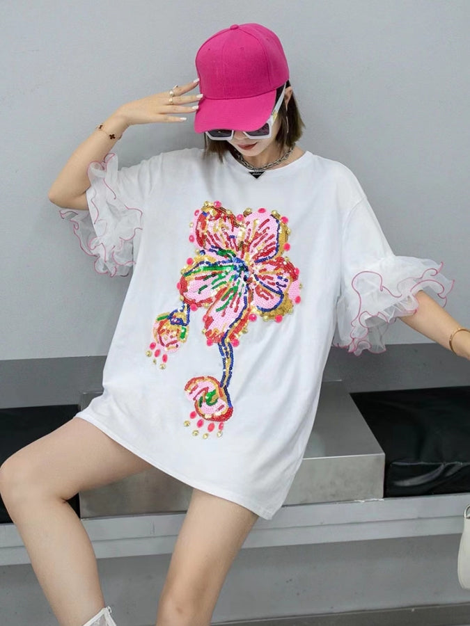 フラワーオーバーサイズメッシュスリーブTシャツワンピース X2336