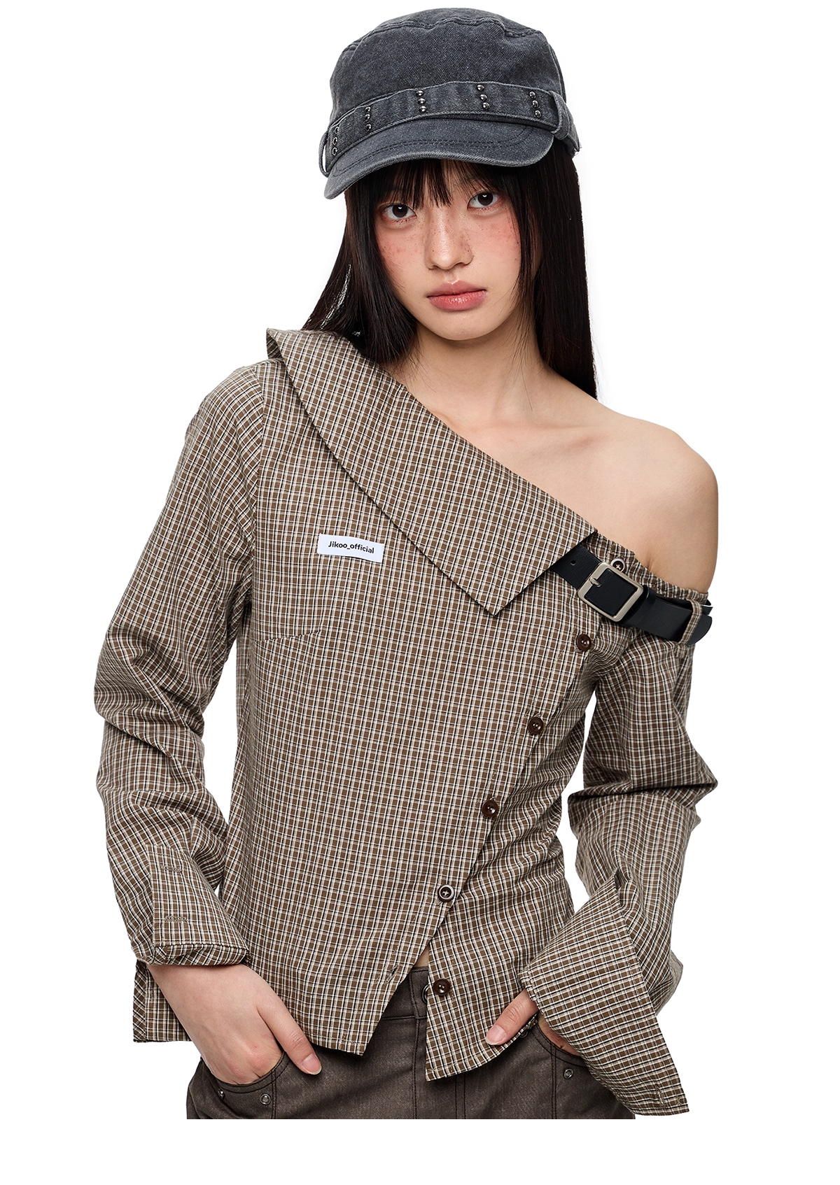 Asymmetric Off-Shoulder Plaid Long Sleeve Shirt X3331