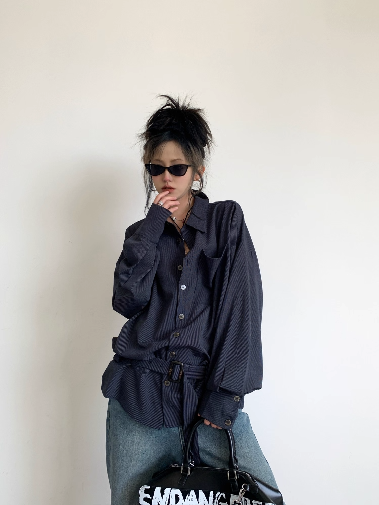 Navy Striped Belted Loose-Fit Shirt Jacket X3338