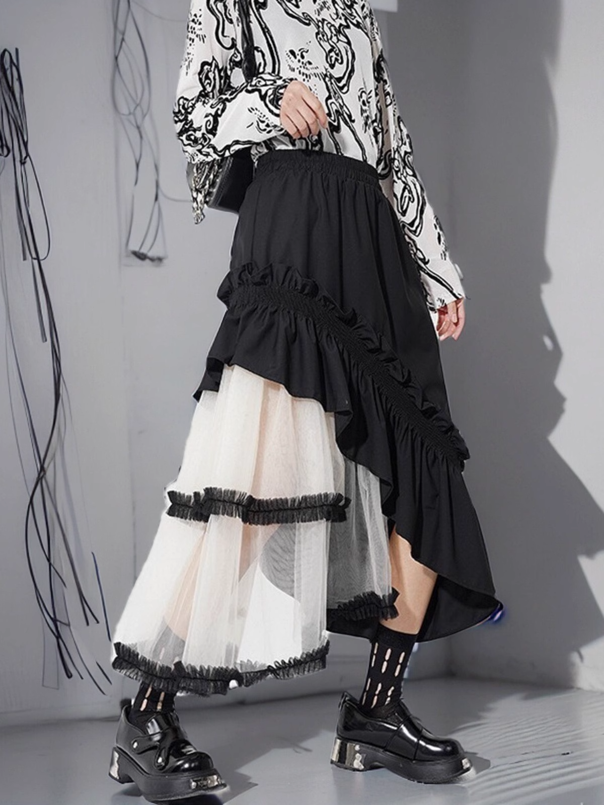 Vintage Mesh Panel Tiered Midi Skirt X3235