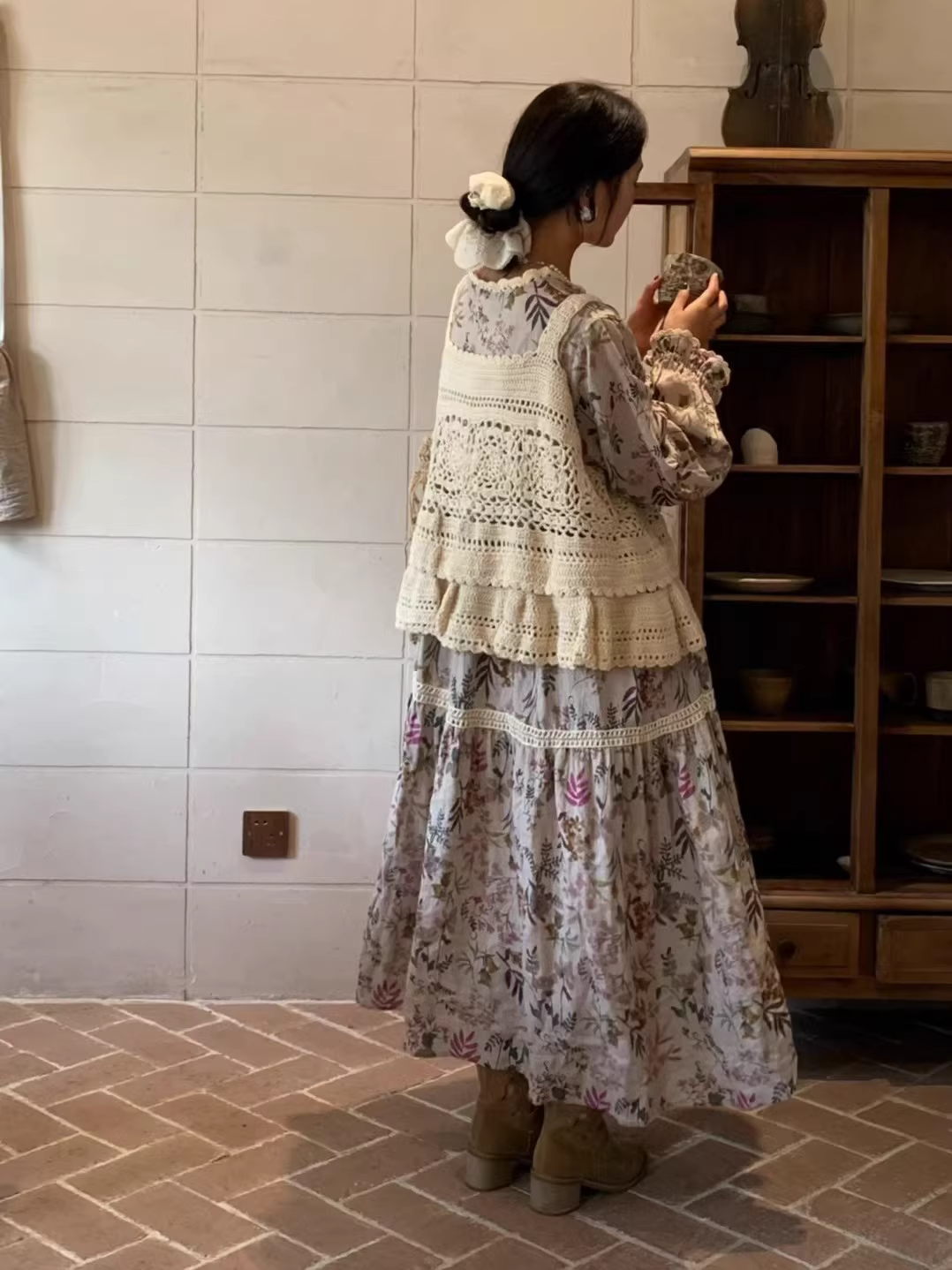 Vintage Mori Girl Style Floral Print Long Sleeve Top / Dress X3365