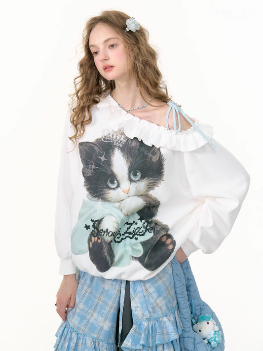 Cat Print One-shoulder Sweatshirt X3386