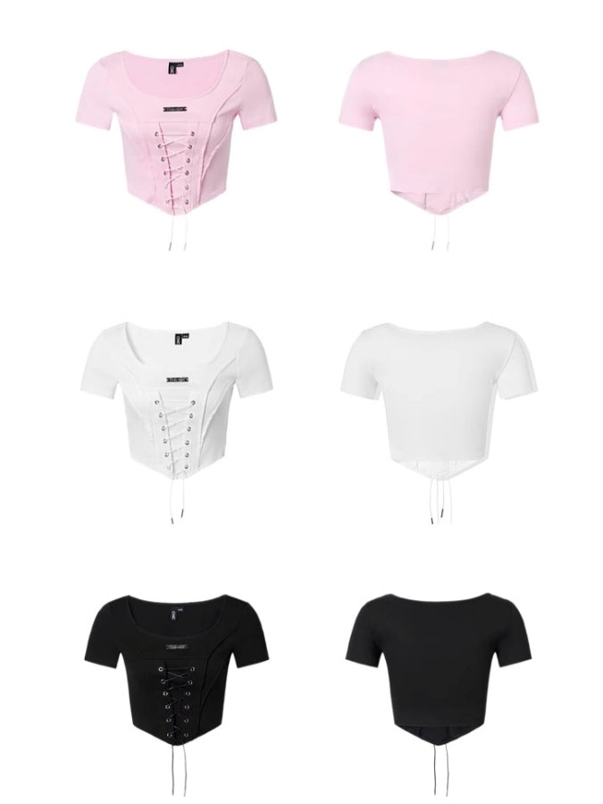 レースアップワイドラウンドネックTシャツ X2400