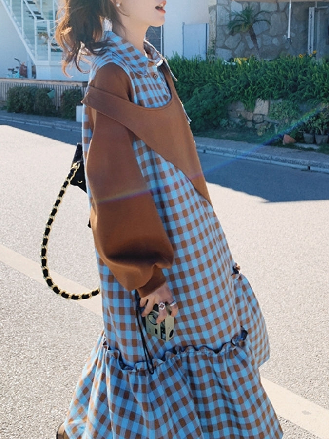フェイクツーピースフレンチチェックワンピース X2442
