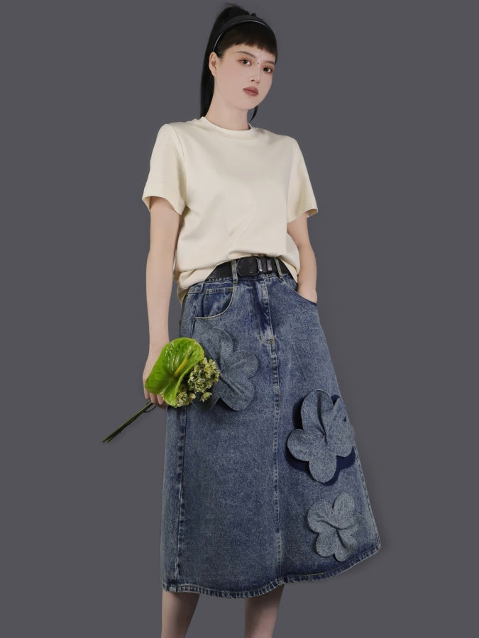 3D Flower Decorated Denim Skirt X2758