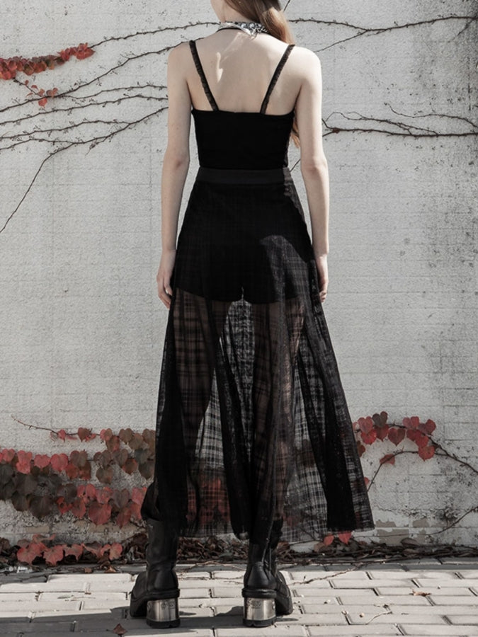 Deep Slit Lace-Up Mesh Skirt X2376