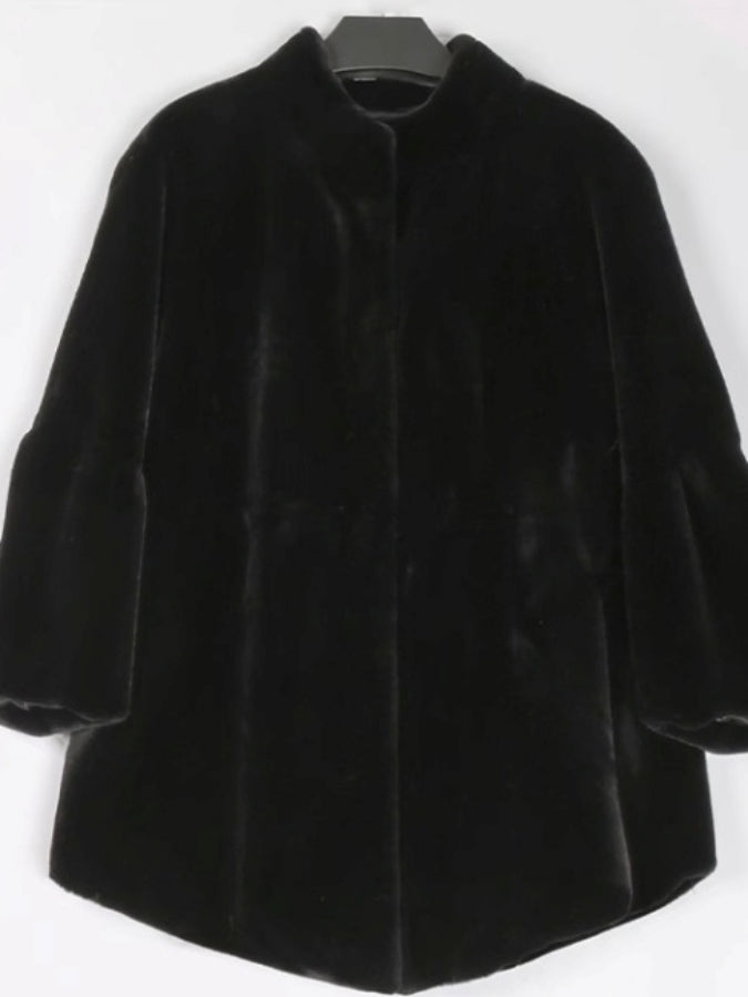 Faux Fur Stand Collar Bell Sleeve Medium Coat X2525