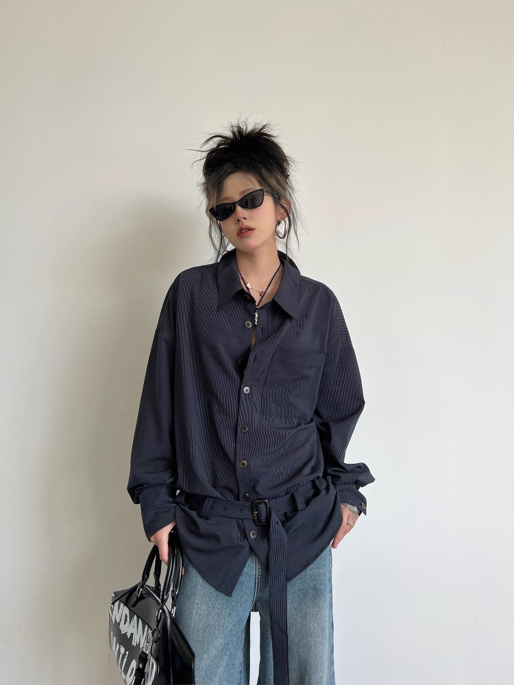 Navy Striped Belted Loose-Fit Shirt Jacket X3338