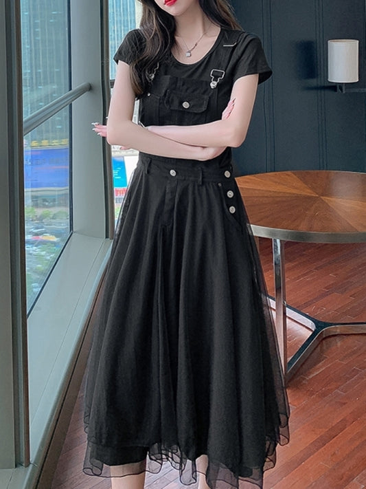 Denim Mesh Suspender Dress X2412