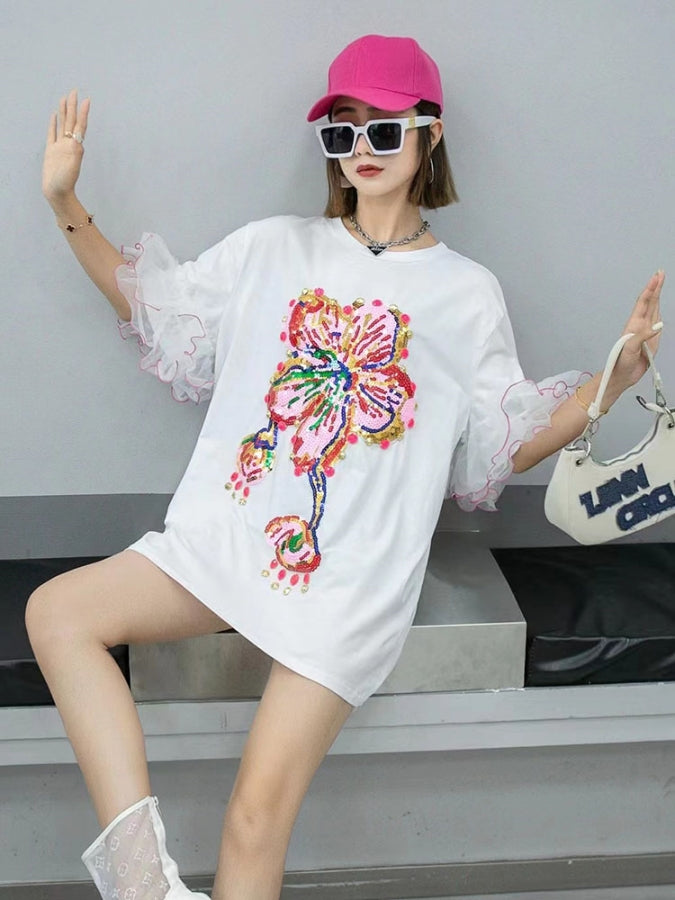 フラワーオーバーサイズメッシュスリーブTシャツワンピース X2336