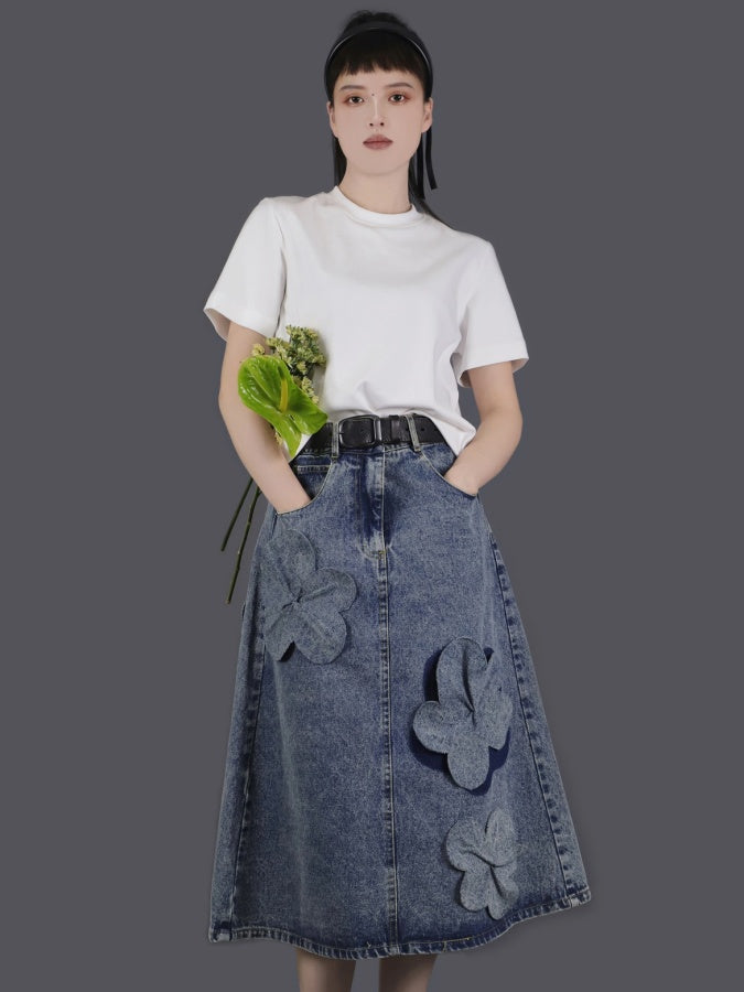 3D Flower Decorated Denim Skirt X2758