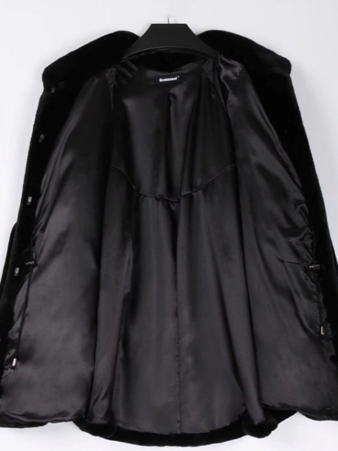 Faux Fur Stand Collar Bell Sleeve Medium Coat X2525