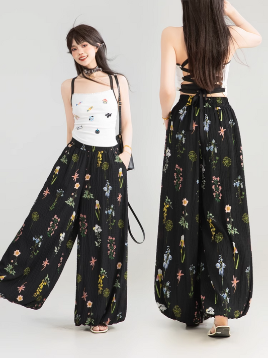Textured Floral Balloon Wide-Leg Pants X3268