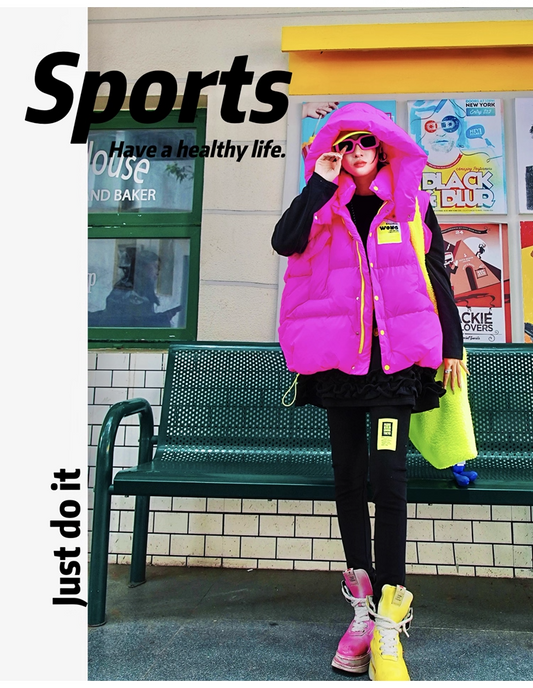 Neon Color Letter Patch Padded Vest X3429