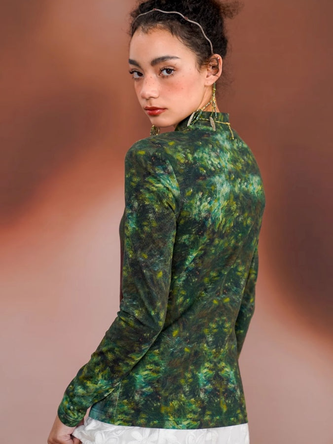 Retro Art Print Slim Bottoming Shirt X2674