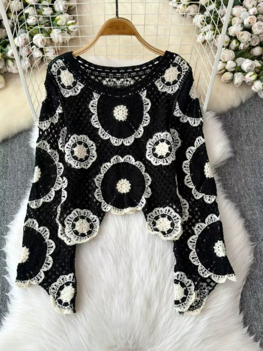 Bohemian Monotone Flower Knit Sweater X2905