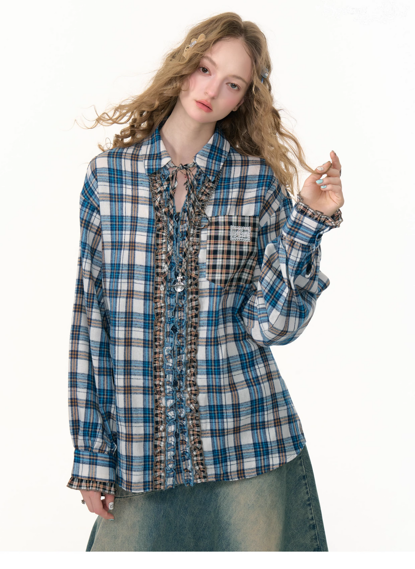 Vintage Check Frill Blouse X3382