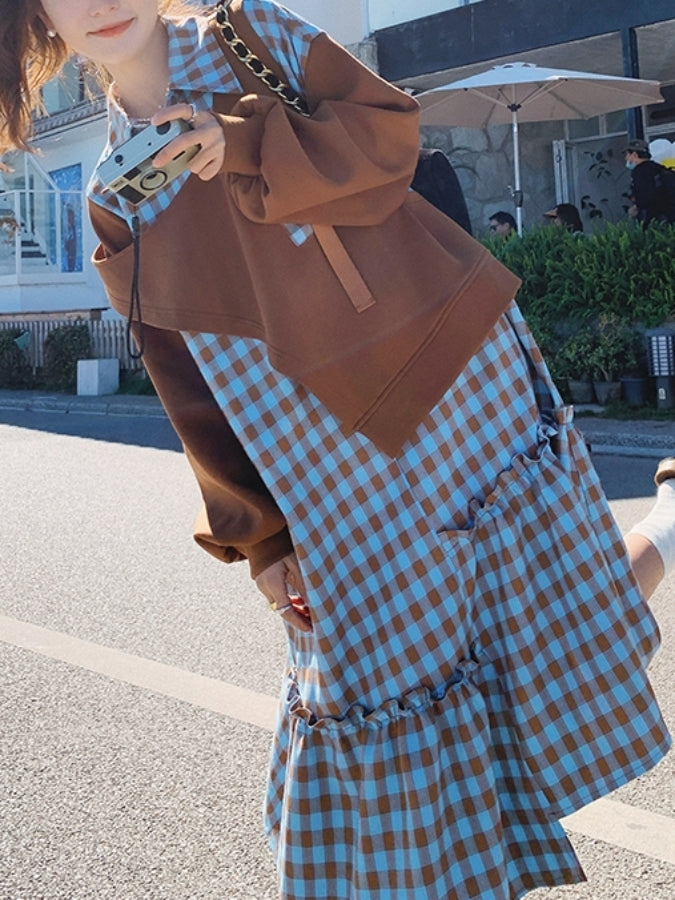 フェイクツーピースフレンチチェックワンピース X2442