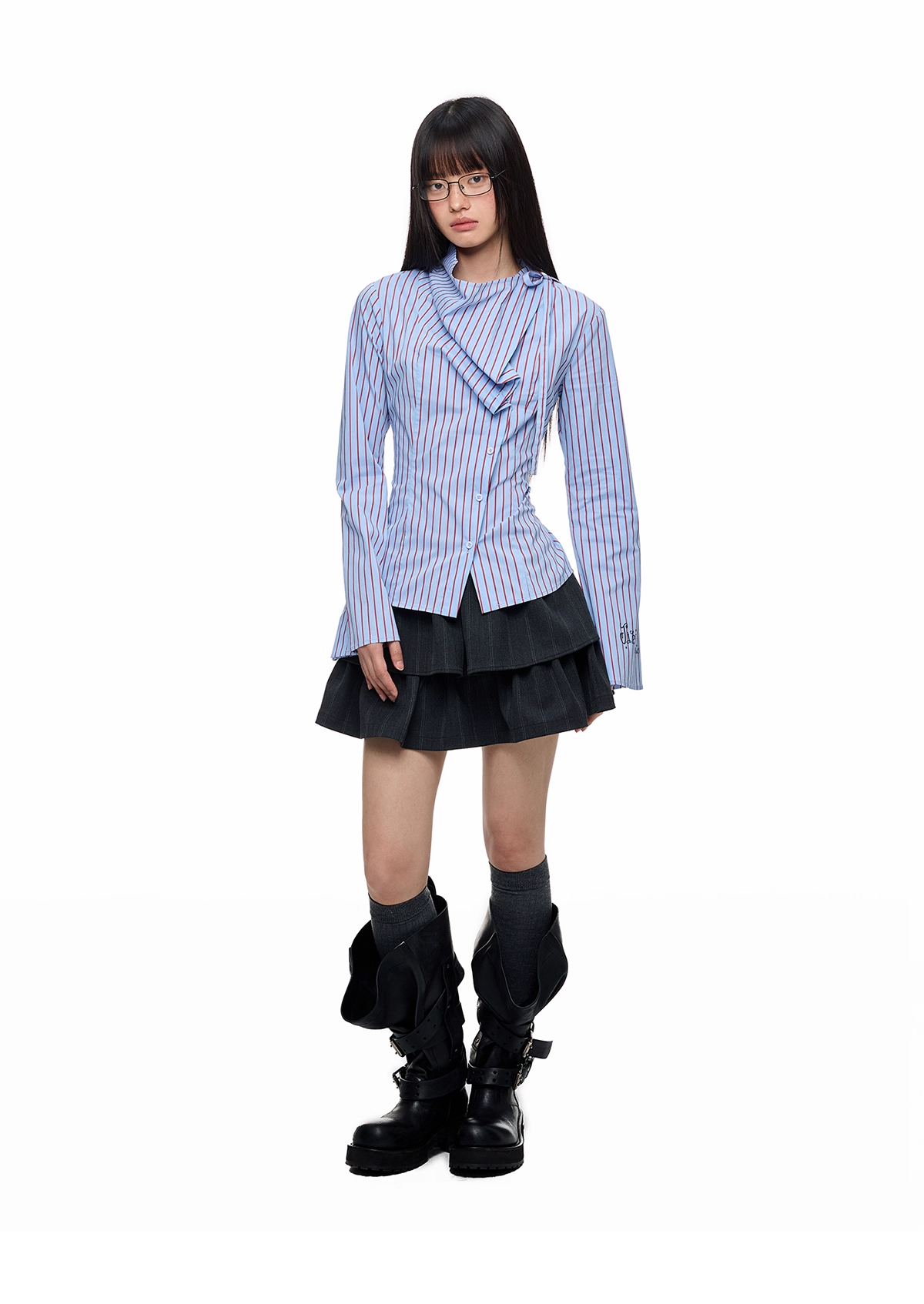Blue Striped Long Sleeve Overlap Collar Shirt X3333