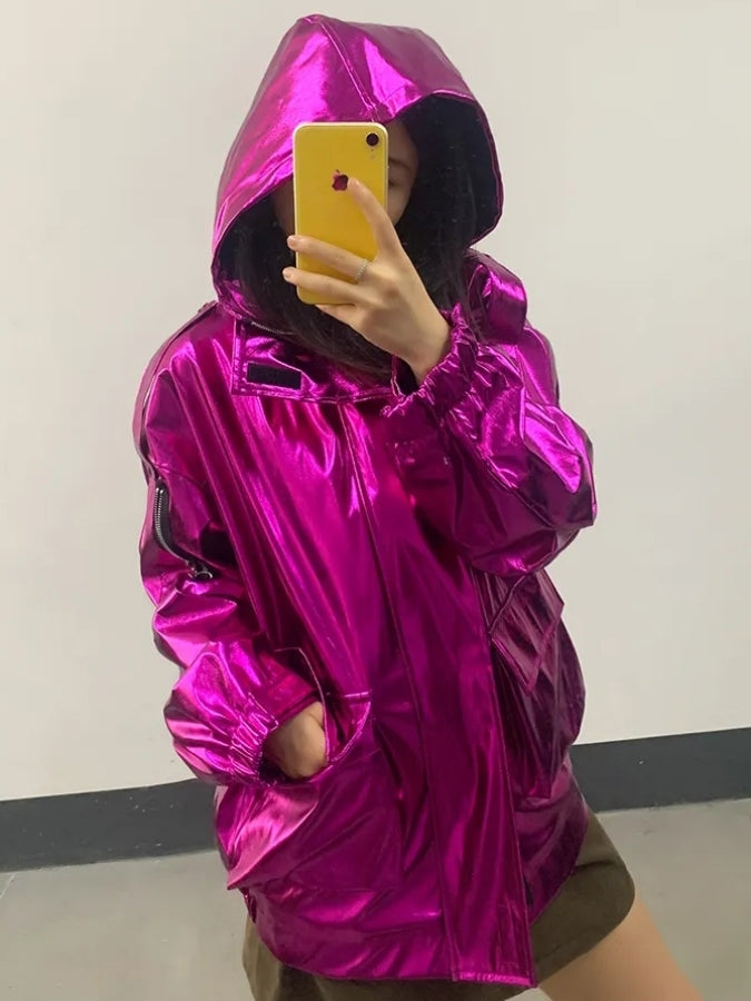 Metallic color hooded jacket X2526