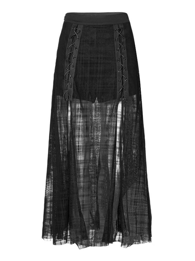 Deep Slit Lace-Up Mesh Skirt X2376