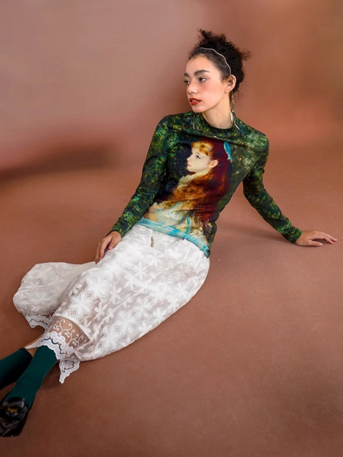 Retro Art Print Slim Bottoming Shirt X2674
