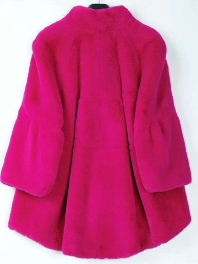 Faux Fur Stand Collar Bell Sleeve Medium Coat X2525