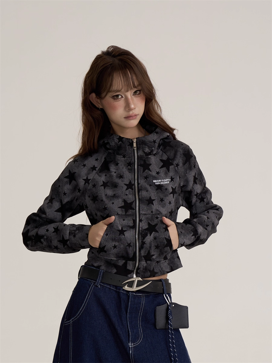 Vintage Retro Star Camo Zip-Up Hoodie Short Jacket X3389
