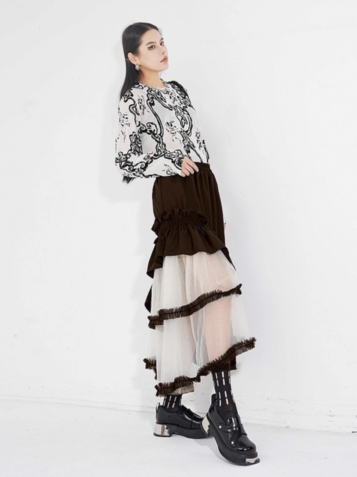 Vintage Mesh Panel Tiered Midi Skirt X3235