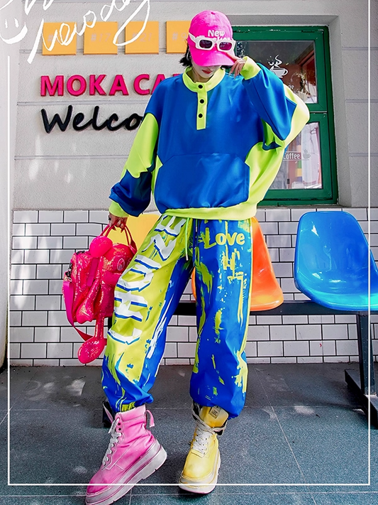 Blue × Neon Green Colorblock Hoodie X3414