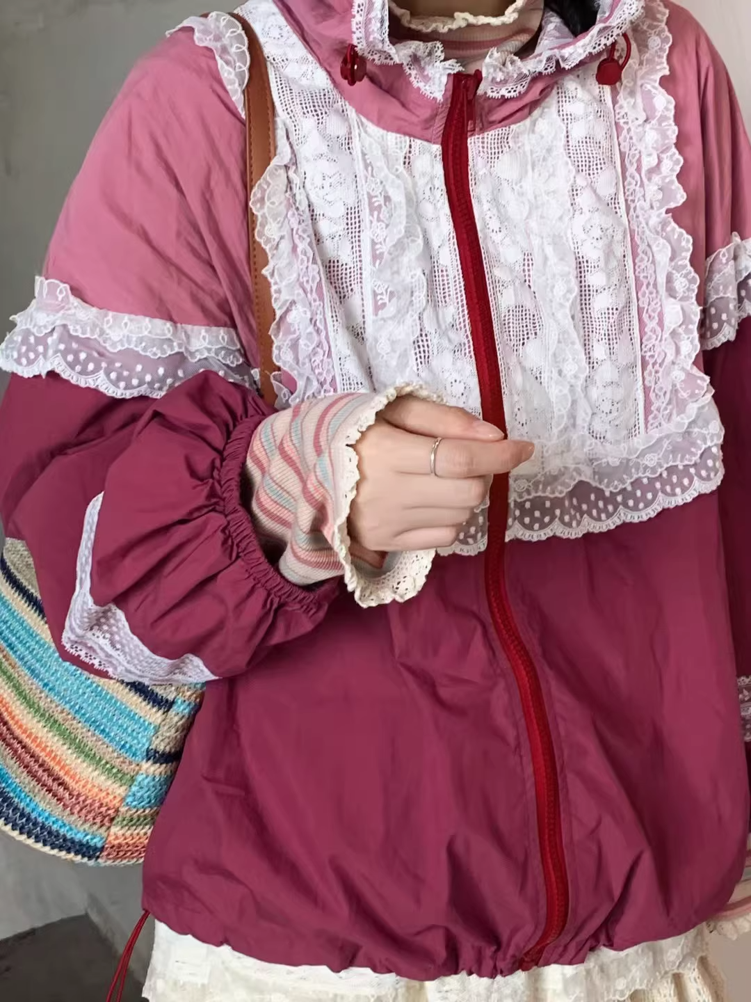 Mori Girl Style Lace Trim Loose Hoodie Jacket X3362