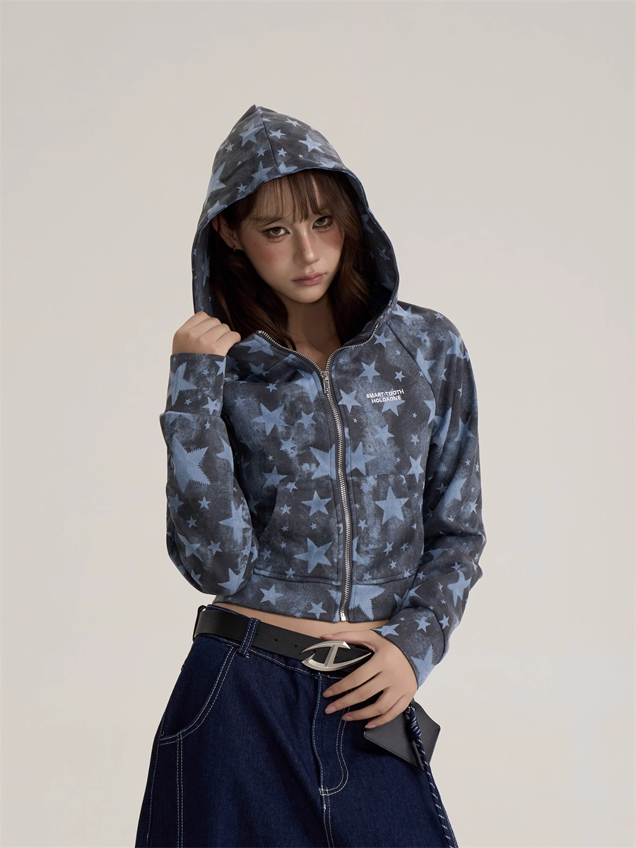Vintage Retro Star Camo Zip-Up Hoodie Short Jacket X3389