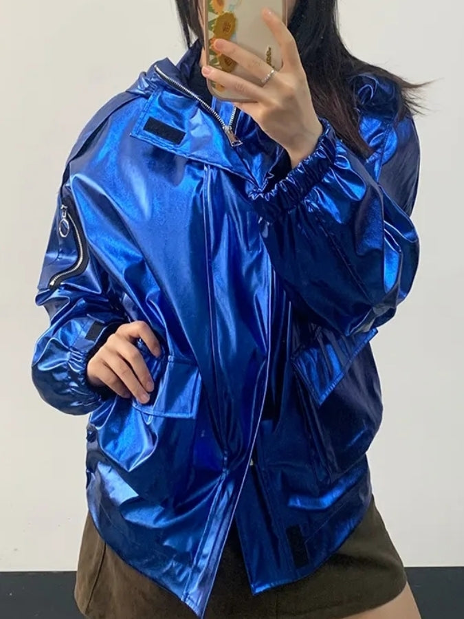 Metallic color hooded jacket X2526