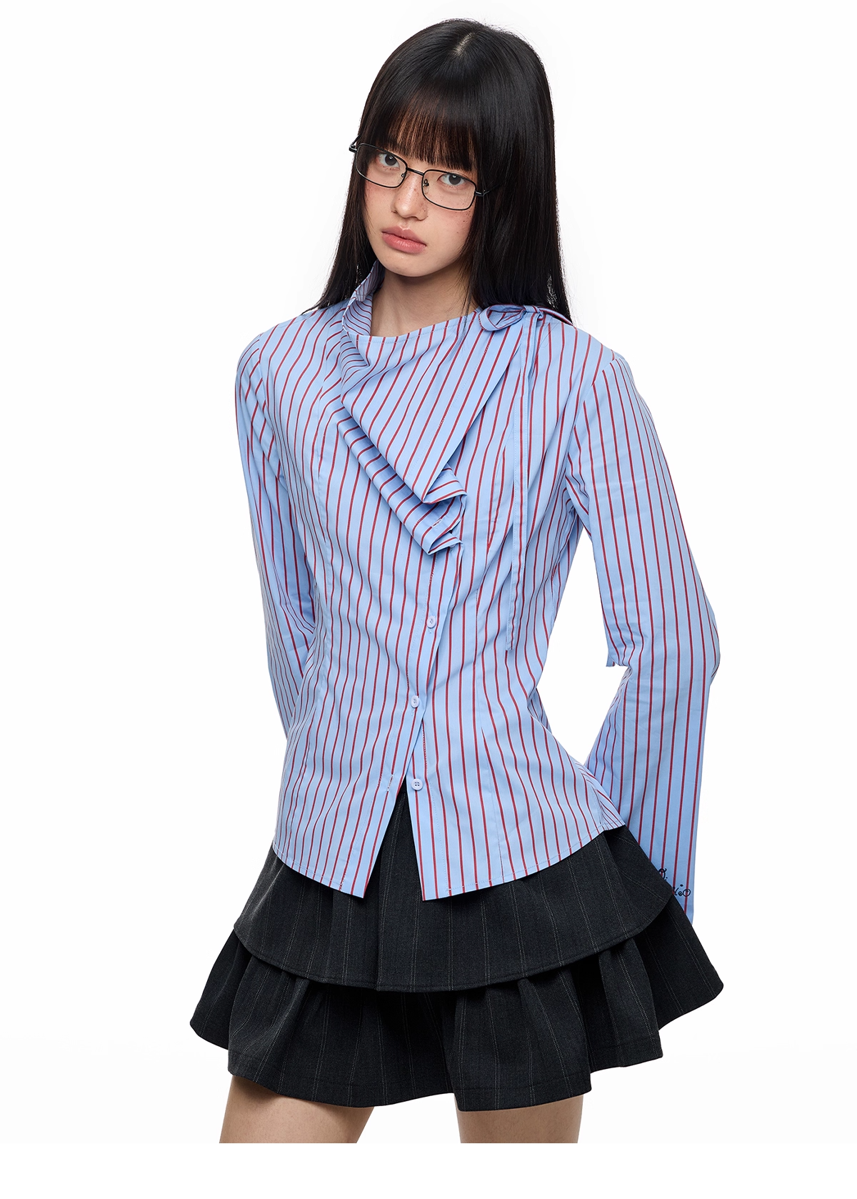 Blue Striped Long Sleeve Overlap Collar Shirt X3333