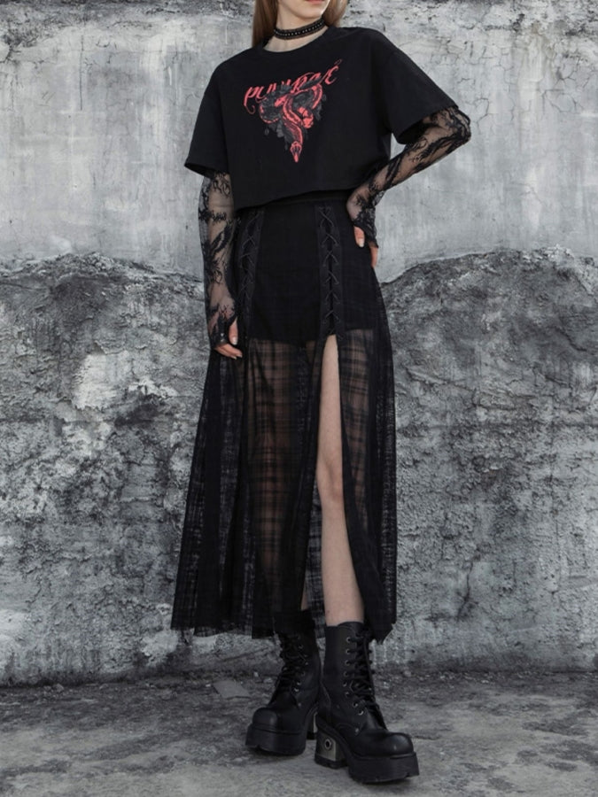 Deep Slit Lace-Up Mesh Skirt X2376