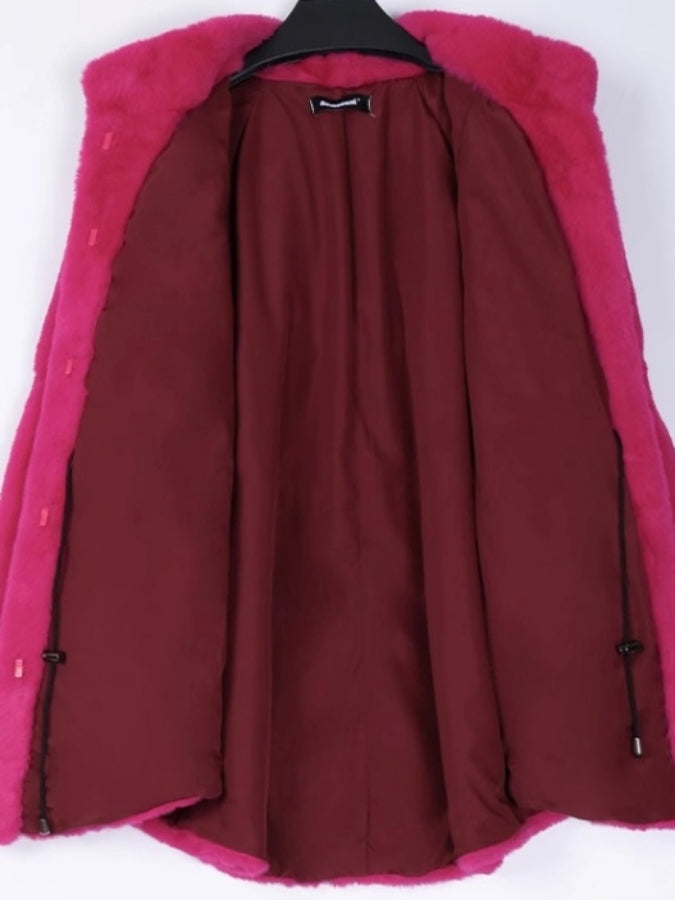Faux Fur Stand Collar Bell Sleeve Medium Coat X2525