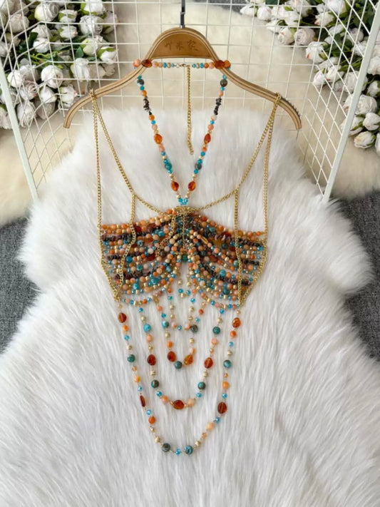 Beaded halterneck slim body chain X2910