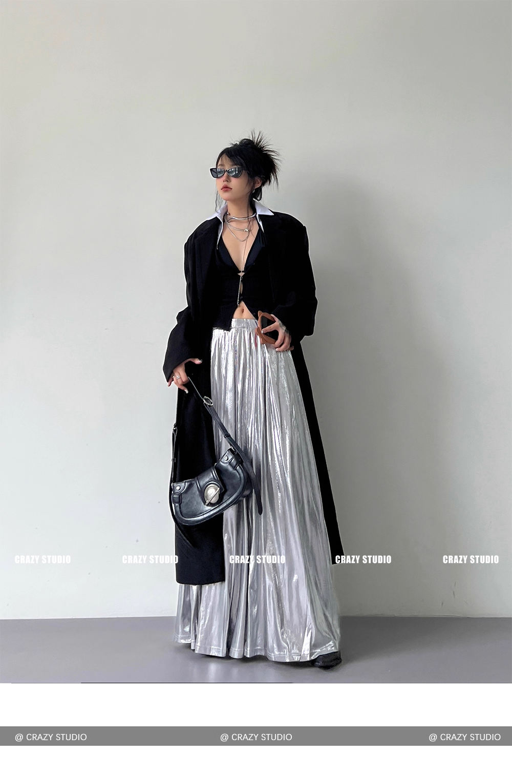 Liquid Silver Metallic A-Line Maxi Skirt X3337