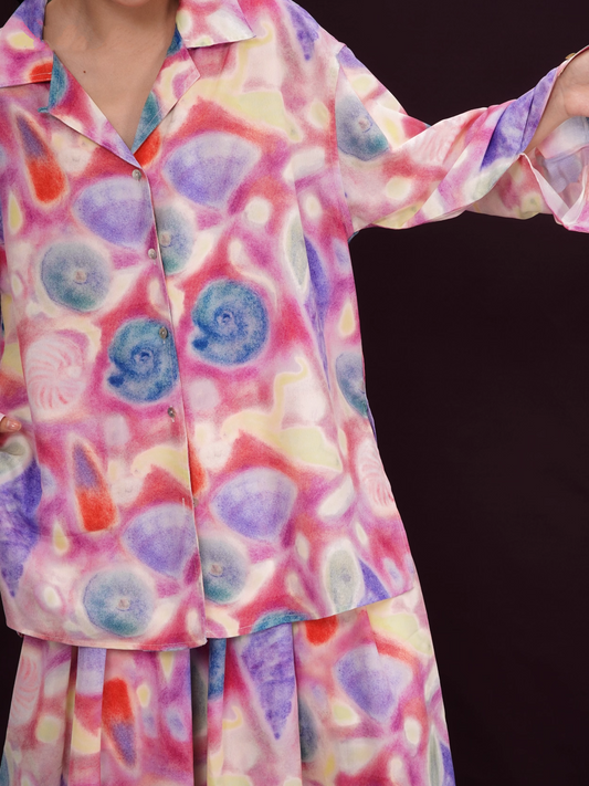 Colorful Seashell Print Long-Sleeve Shirt/Skirt X3392