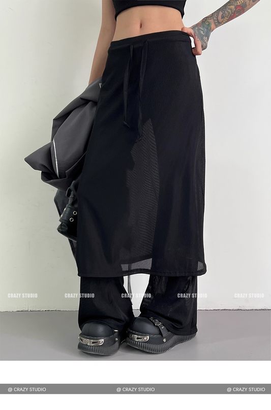 Layered Mesh Panel Drawstring Flared Skirt Pants X3342