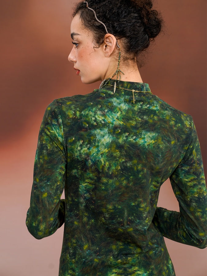 Retro Art Print Slim Bottoming Shirt X2674